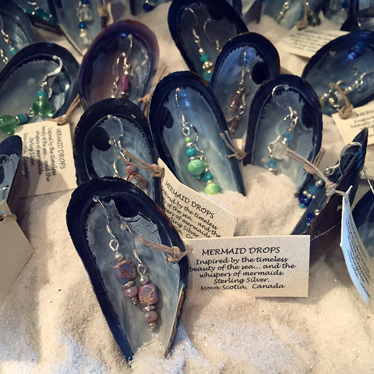 beaded earrings pei mussel shell and sand display