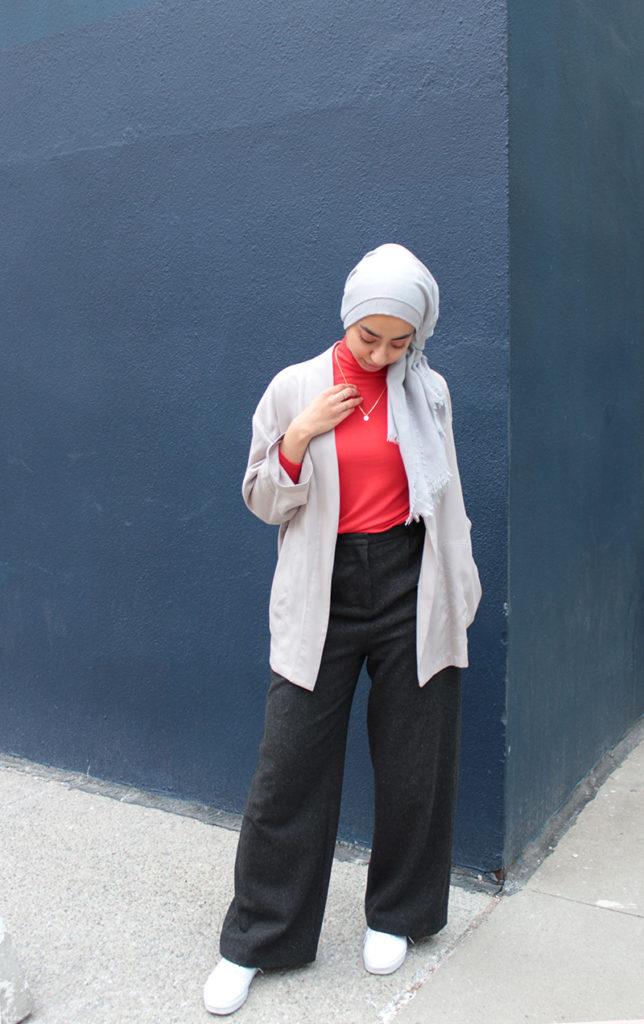 Living Coral - Pantone Colour Of The Year Coral And Grey Outfit By Hijabi Blogger Against Blue Wall